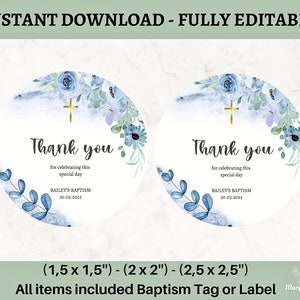 Baptism Thank You Tag Template, Blue&Gold Christening Thank You Tag, Editable Baptism Label, Christening Tag, Blue Flower Baptism Favor Tag