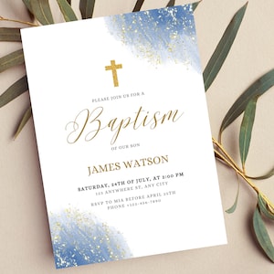 Christening Invitation Boy, Boy Baptism Invitation Template, Blue Christening Invite Template, Blue Watercolor Boys Blue Gold Evite, Modern