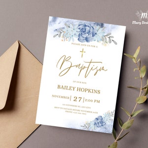 Plantilla de invitación de bautismo de niño, tarjeta de invitación de bautizo editable, tarjetas de bautismo, plantilla de invitación de bautismo azul y dorado, 5x7