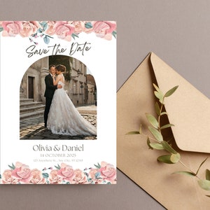 Floral Save The Date Invitation Template, Pink Flower Save The Date Invitation Card, Editable Save The Date Invitation edit Photo Minimalist