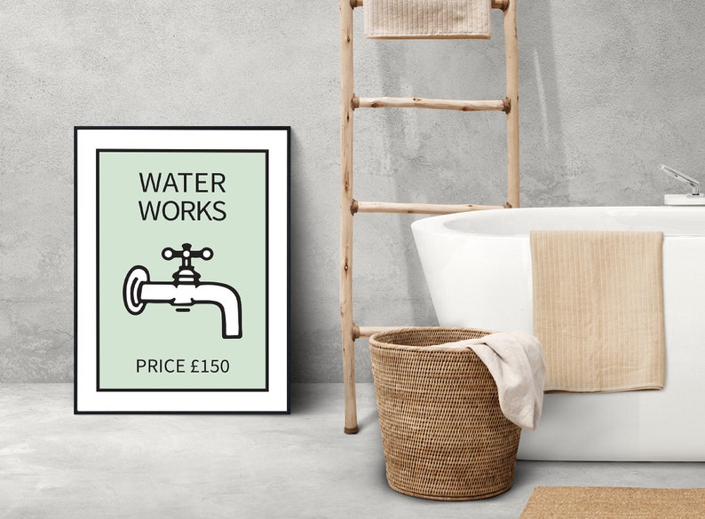 Waterworks Bathroom Print Monopoly Card Bathroom Wall Decor Etsy
