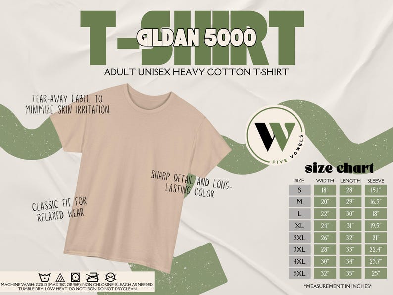 K&ouml;nnte beinhalten: Beiges Gildan 5000 Unisex-T-Shirt aus schwerer Baumwolle f&uuml;r Erwachsene. Das Shirt hat eine klassische Passform f&uuml;r entspanntes Tragen und ein abtrennbares Etikett zur Minimierung von Hautreizungen. Gr&ouml;&szlig;entabelle enthalten.