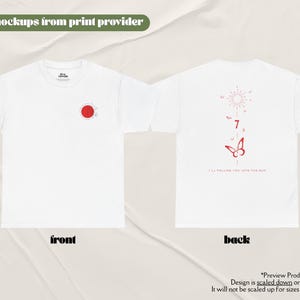 K&ouml;nnte beinhalten: Wei&szlig;es T-Shirt mit roter Sonnengrafik auf der Vorderseite und rotem Design auf der R&uuml;ckseite, einschlie&szlig;lich Sonne, Schmetterling und Text. Das Shirt ist in Gr&ouml;&szlig;e Large.