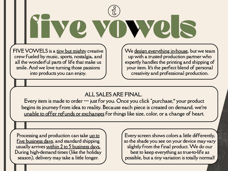 K&ouml;nnte beinhalten: Grafikdesign mit den Worten "five vowels" in einer gr&uuml;nen, stilisierten Schriftart. Das Bild enth&auml;lt Textfelder mit Informationen &uuml;ber die Marke, die Produktion und die Verkaufsrichtlinien. Der Hintergrund ist beige.