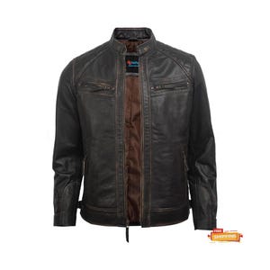 Men&#39;s Lambskin Leather Cafe Racer Jacket: Quilted Moto Biker Coat