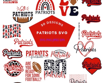 May include: A collection of 20 digital designs featuring the word "Patriots" in various styles and colors. The designs include a football, a heart, a rainbow, and the words "Go Patriots" and "Love".