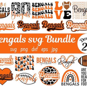 Op de afbeelding: Een set van 20 digitale ontwerpen met het logo van de Cincinnati Bengals in verschillende stijlen. De ontwerpen omvatten een voetbal, een hart, een luipaardprint en de woorden "Bengals" en "Football".