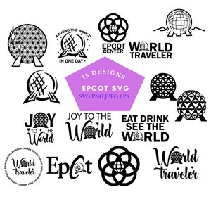 May include: A set of 15 black and white SVG designs featuring the Epcot Center logo, the Epcot World Showcase globe, and various phrases related to travel and the world. The designs include "Around the World in One Day", "World Traveler", "Joy to the World", "Eat Drink See the World", and "Epcot".