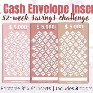 5k savings challenge envelope, 52 week challenge cash envelope, 5k challenge, 52 week envelope,  52 week challenge, 52 envelopes, A6