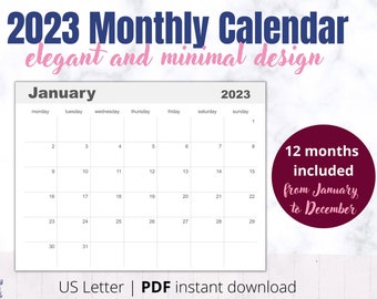 2023 monthly calendar printable, minimal calendar, minimalist planner, blank dated calendar, yearly wall calendar, PDF printable