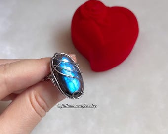 Muttertag Geschenk Blauer Labradorit Ring, Handgefertigter Edelstahl Schmuck