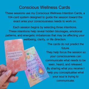 May include: Two decks of "Conscious Wellness Cards" are displayed against a blue background. One card reads "Journey to receive Vitamin D from the sun." The other deck is multi-colored with the words "Conscious Wellness Cards" on the front.
