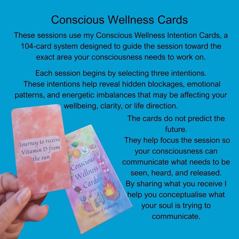 May include: Two decks of "Conscious Wellness Cards" are displayed against a blue background. One card reads "Journey to receive Vitamin D from the sun." The other deck is multi-colored with the words "Conscious Wellness Cards" on the front.