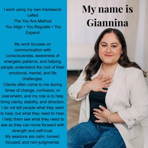 May include: A woman in a light-colored blazer and blue jeans, with the text "My name is Giannina." A blue sidebar contains text about her work, including "The You Are Method" and focuses on communication and emotional challenges.