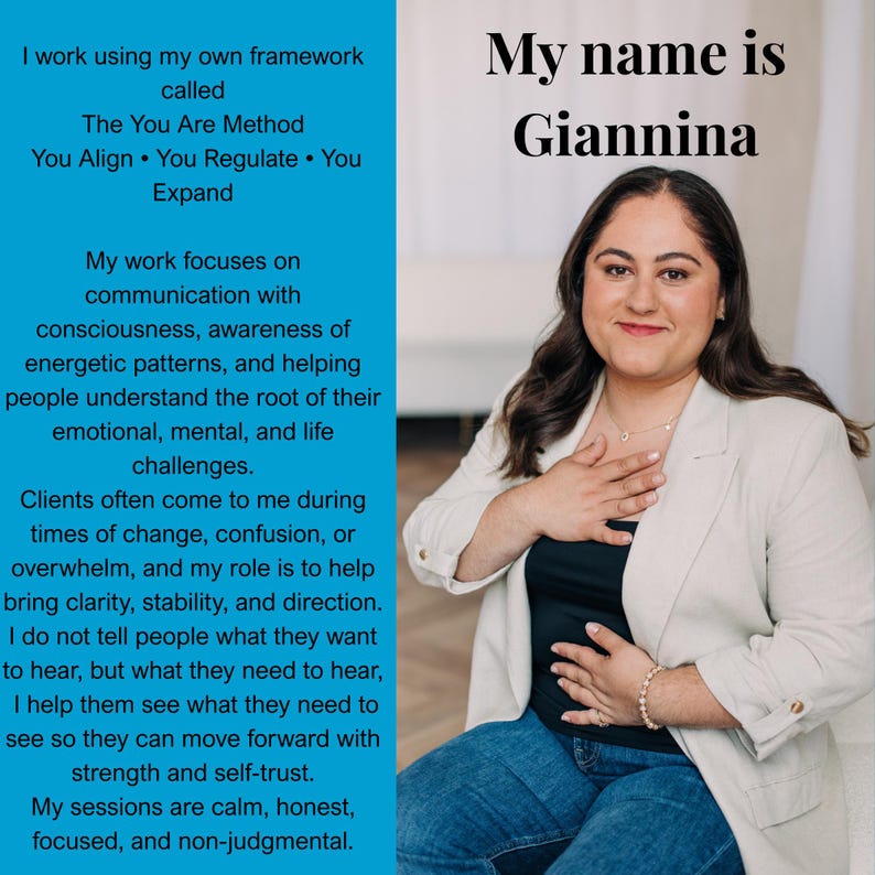 May include: A woman in a light-colored blazer and blue jeans, with the text "My name is Giannina." A blue sidebar contains text about her work, including "The You Are Method" and focuses on communication and emotional challenges.