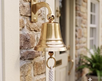 Solid Brass Ship Bell, Nautical Wall Bell with Rope Pull, Marine Door Bell, Coastal Home Decor, 4–18 Inch Maritime Bell