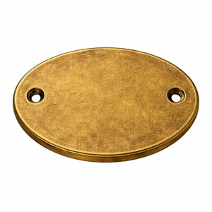 May include: An oval-shaped metal plaque with a distressed antique brass finish. The plaque features a smooth, flat centre surface and two circular mounting holes, one positioned on each side of the horizontal axis for secure attachment. custom brass plaque, custom brass sign, custom door sign, custom door plaque, custom entry sign, custom wall plaque, custom color plaque, color filled plaque, raised letter plaque, raised brass letters, raised letter sign, raised brass sign, dimensional plaque,