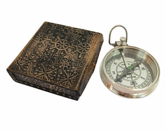 Vintage Pocket Compass, Brass & Chrome Finish, Leather Case