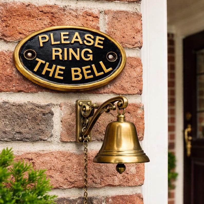 May include: An oval black plaque with gold lettering that reads PLEASE RING THE BELL, mounted above a brass bell with a curved wall bracket and a hanging pull chain. The plaque features two visible mounting screws on the left and right sides. solid brass plaque, solid brass sign, natural brass sign, natural brass plaque, vintage brass sign, vintage brass plaque, antique brass sign, antique brass plaque, brass vintage decor, brass antique decor, brass wall decor, brass door decor,