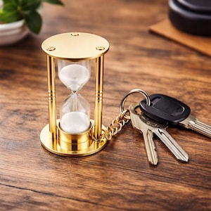 Vintage Brass Sand Timer Keychain, Shiny Finish, Nautical Gift