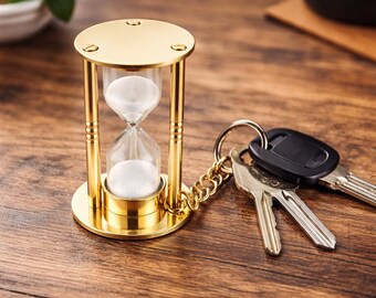 Vintage Brass Sand Timer Keychain, Nautical Hourglass Keyring, Shiny Finish Mini Timer, Unique Antique Style Gift for Sailors and Collectors