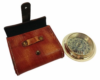 Vintage RP Pocket Compass Lid type with Beautiful Leather Carry Case, Brass, 2in, Shiny Brass Finish