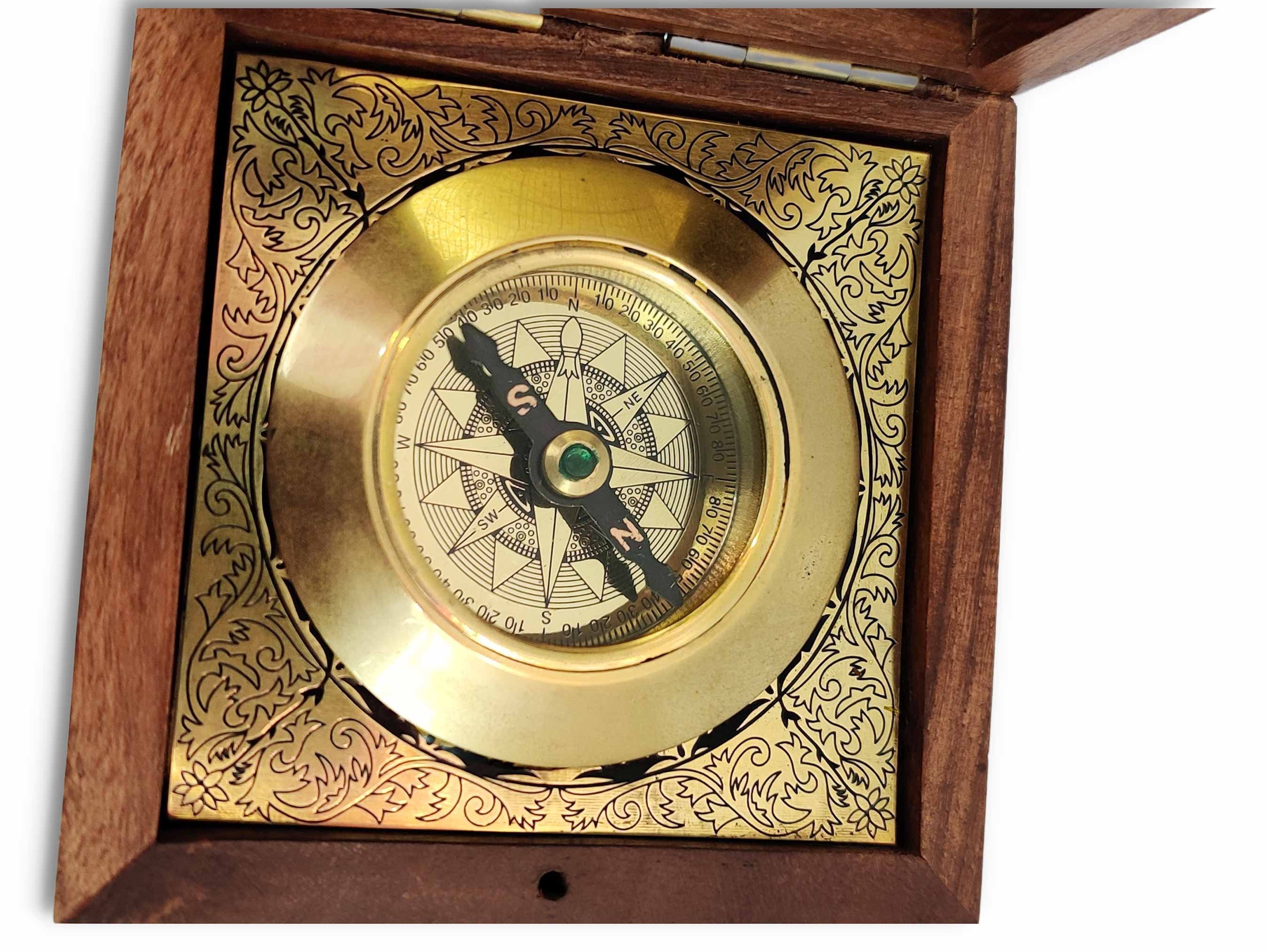 Vintage Modern Directional Box Compass in Wooden Box, Shiny Brass ...