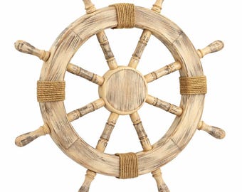 Decoração de parede com roda de leme de madeira | Timão náutico rústico | Decoração para casa de praia | Arte de parede marítima