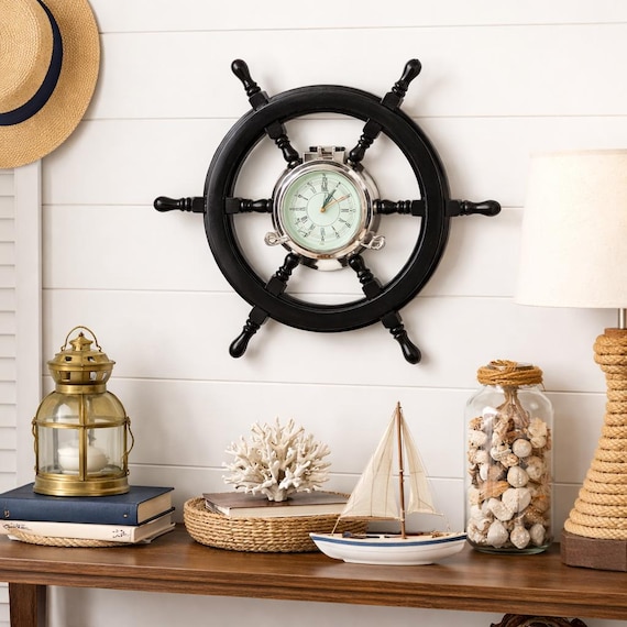 Black Pirate Ship Wheel Clock | Nautical Wall Art With Brass