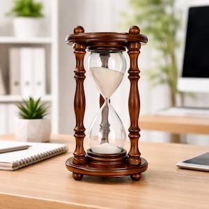 Puede incluir: Un reloj de arena de madera con un centro de vidrio transparente lleno de arena blanca. El reloj de arena tiene un acabado marrón oscuro y está colocado sobre un escritorio de madera. El diseño es clásico y decorativo, adecuado para la decoración del hogar o la oficina.