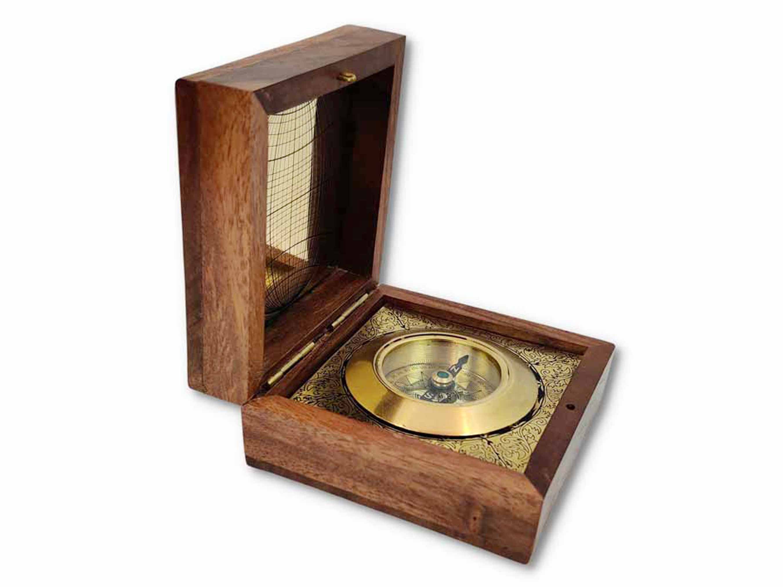 Compass Box Standing Unit Vintage Modern Directional Box Compass in Wooden Box, Shiny Brass ...