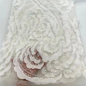 Weißer 3D Blume bestickter Spitzenstoff,Brautkleid,Tüllspitze,Tüllspitze,Tüllspitze,Perlenstoff,spitze,Meshstoff, Meterware