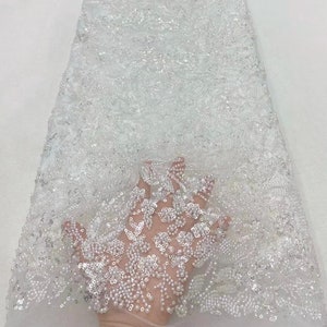 White beaded floral lace fabric,sequined floral tulle fabric,heavy beaded lace,bridal gown fabric,designer fabric,mesh lace by the yard