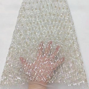 White beaded lace fabric, sequined floral fabric, wedding dress fabric, lace fabric, beaded tulle fabric 1 yard