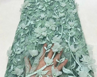 Mint green 3D floral lace fabric,embroidered floral tulle fabric,pearl mesh fabric for flower girl dress,party dress,clothing design