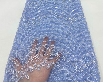 Tela de encaje con cuentas pesadas azul, Tela con cuentas de lentejuelas, Tela para vestidos de noche, Tela para ropa DIY, Tela de malla de encaje 1 yarda