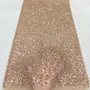 Champagne heavy beaded lace fabric,pearl sequined tulle fabric,evening dress fabric,vintage mesh fabric,beaded fabric,fabric by the yard