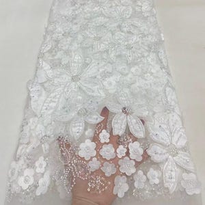 White beaded tulle fabric, sequin fabric, beaded fabric, dress fabric, wedding dress fabric, lace fabric, mesh fabric