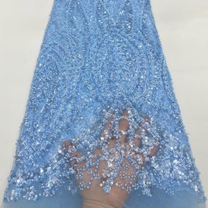 Blue sequin beaded lace fabric, heavy beaded lace, lace mesh fabric for bridal dress and couture