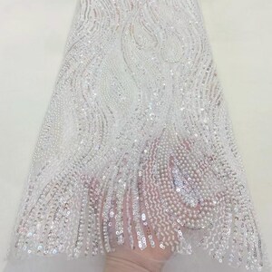 White Beaded Lace Fabric,Heavy Beaded Lace,Beaded Tulle Fabric,Bridal Mesh Lace,Designer Gown Fabric,Sequined Fabric,Fabric By The Yard