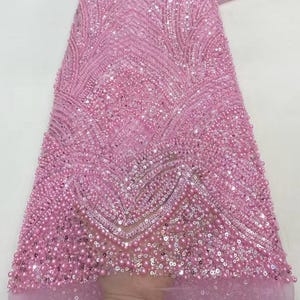 Pink heavy beaded lace fabric,sequin floral tulle fabric,mesh fabric,lace dress,dress designer wedding dress fabric 1 yard