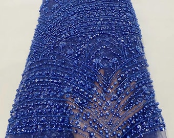 Tela de encaje con cuentas de lentejuelas azules, tela de tul de moda, encaje con cuentas, tela para vestido de noche, tela para vestido de fiesta, tela DIY, malla de encaje de 1 yarda