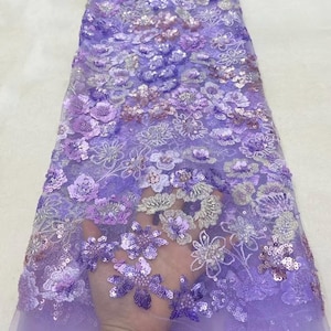 Purple Floral Beaded Lace Fabric, Sequin Flower Mesh Fabric, Bridal Gown Fabric, Dress Fabric, Lace Mesh Fabric, Fabric By The Yard