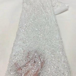 Heavy Bead Bridal Lace Fabric,Wedding White Tulle Fabric,Sequined Mesh Fabric,Haute Couture Fabric,Diy Bridal Evening Dress By The Yard