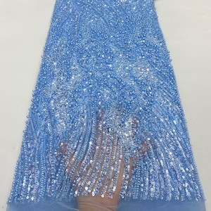 Blue heavy beaded sequin lace fabric,sequin tulle fabric,soft dress fabric,wedding dress fabric,lace mesh 1 yard