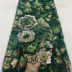 刺繍入り花柄レース生地、グリーンスパンコール花柄チュール生地、ビーズ生地、パーティードレス生地、クチュール生地、素材
