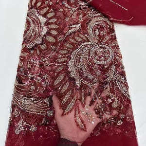 Burgundy beaded lace fabric,floral sequin lace fabric,tulle fabric,Bridal Heavy beaded,For Party Dress, Pageant Dress, Prom dress, By 1 Yard