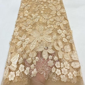 Champagne 3D floral fabric,sequin floral fabric,Beaded tulle fabric,floral bridal dress,for bridal dress and fashion mesh fabric