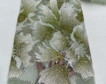 Tulle floral vert doux, tissu à paillettes, tissu de perles, tissu en dentelle à fleurs, pour robes de soirée à monter soi-même, robe de bal, robe pour femme ou décoration de mariage