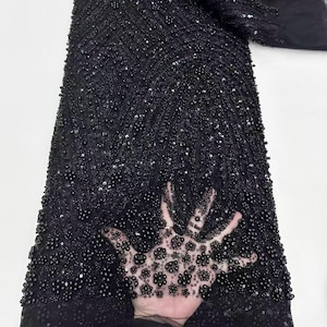 Black Heavy Beaded Lace Fabric,Flowers Sequin Mesh Fabric,High-End Clothing Fabric,Dress Fabric,Lace Mesh Fabric,Fabric By Yard